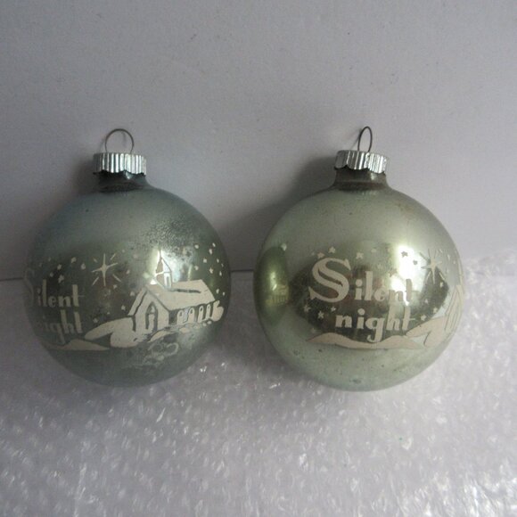 2 Shiny Brite Silent Night Church Blue Stencil Glass Christmas Ornament Vtg - Picture 1 of 9
